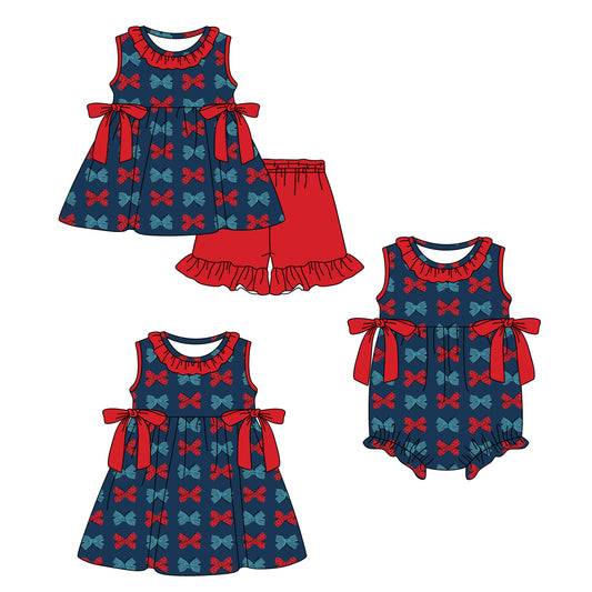 3.27 Custom moq 5 mix size Sibling Baby Girl's Bows Sleeveless Tunic Ruffle Shorts Set Cute Romper Dress for Summer