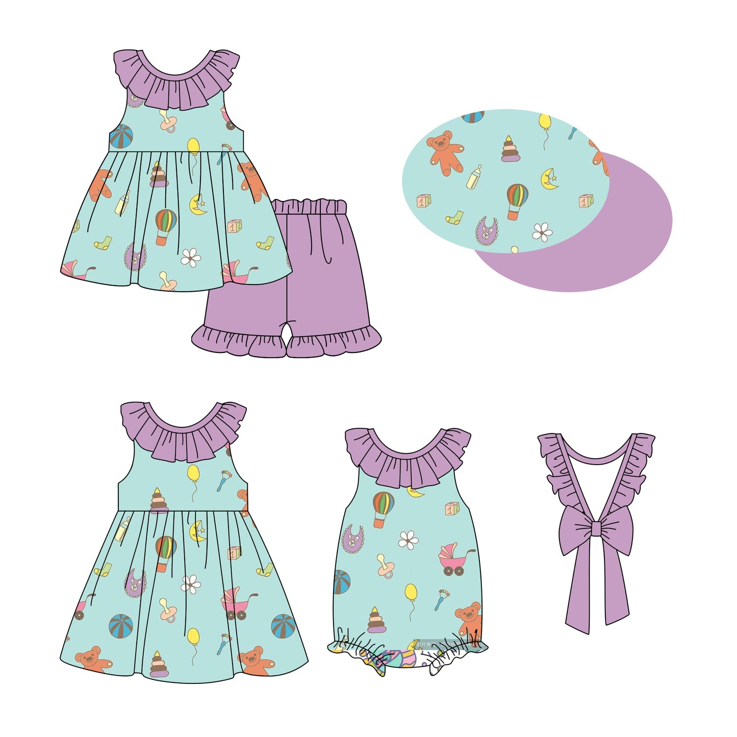 2.20 custom each style moq 5eta 4-6week Sibling Sisters baby girl short sleeve shorts sets and dress and rompers match family design