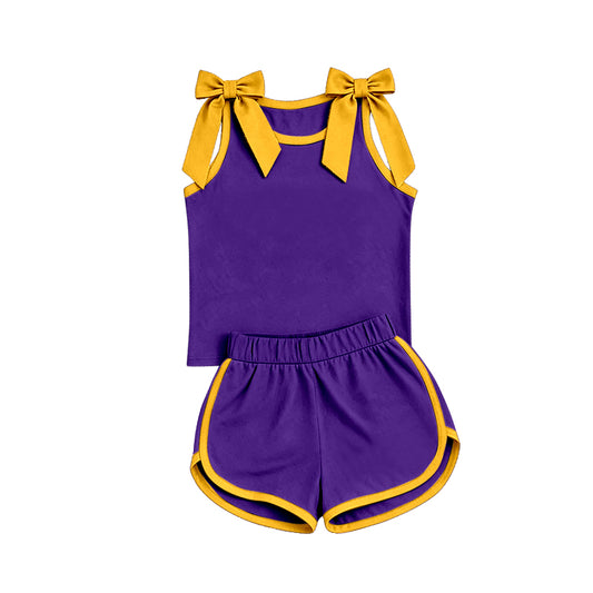 custom moq 5 mix size Baby Girls Yellow Bow Purple Sleeveless Top Shorts Clothes Set