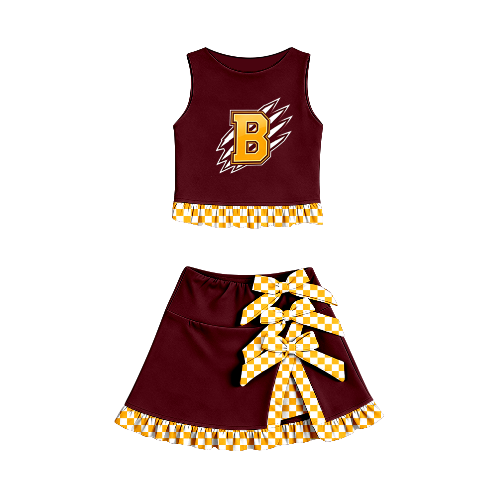 custom moq 5 mix size MSD070704 Baby Girls Summer Vest Checked Bow Scallop Edge Skort Yoga Active Clothes Set
