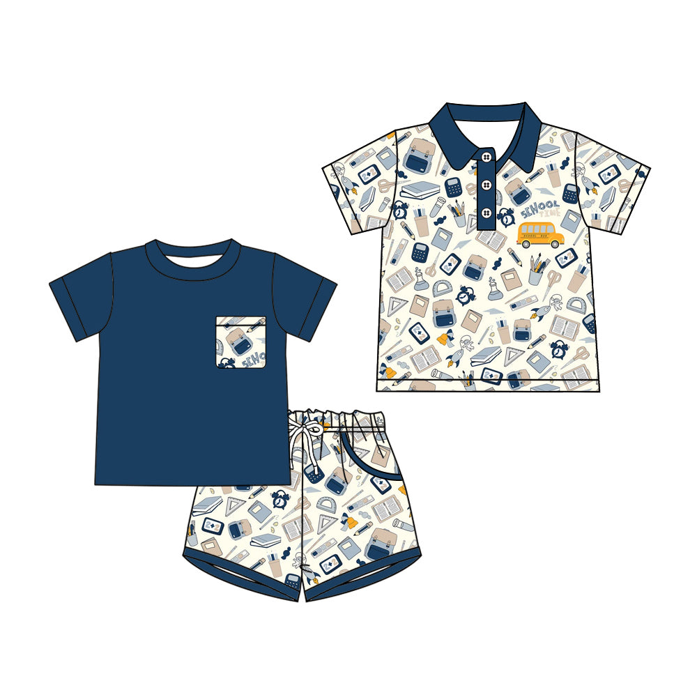 Custom moq 5 mix size Sibling dark blue Short-Sleeved Baby Boy Back to School Outfit Set Polo Shirt And Shorts Ensemble for Little Ones