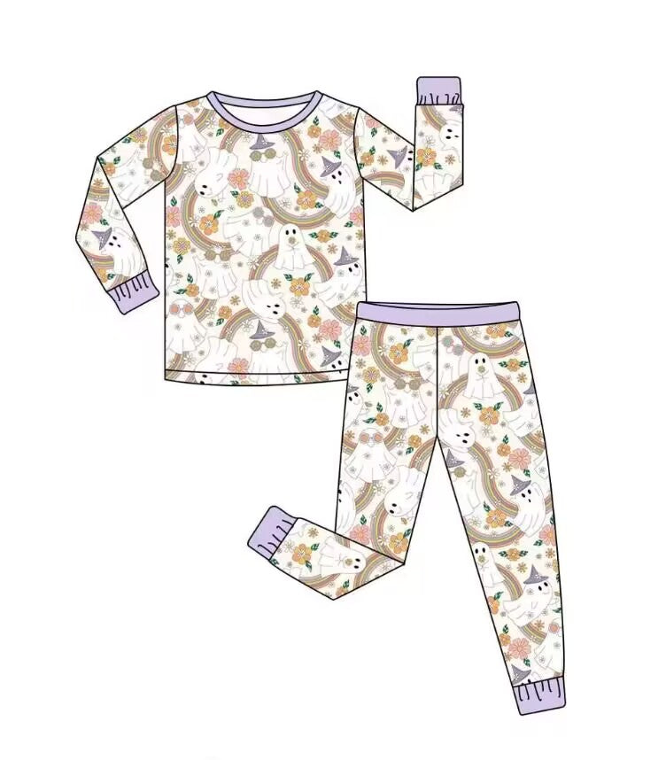 5.9custom each style moq 5eta 4-5week Sibling Sister Halloween cute ghost prints purple girls and boys outfits and baby rompers match family design