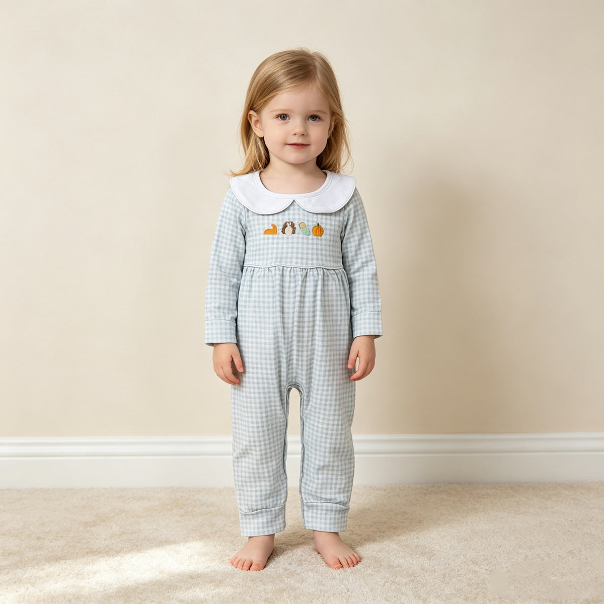 NEW RTS NO MOQ milk silk LR3105 Embroidery Baby Boys Turkey Pumpkins Thanksgiving Rompers