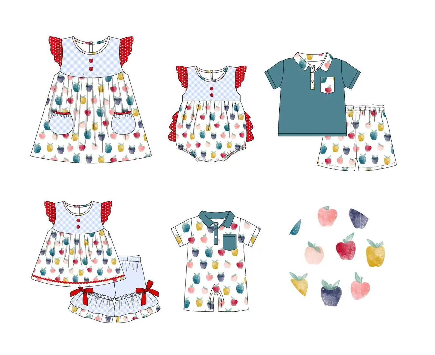 5.11custom each style moq 5eta 4-5week Sibling Sister Apple prints red-green girls and boys outfits and baby romper and dress match family design