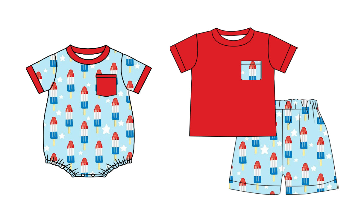2.27 Custom moq 5 mix size Sibling Baby Boys 4th of July Romper Red Short-Sleeved Top And Shorts Set for Infants