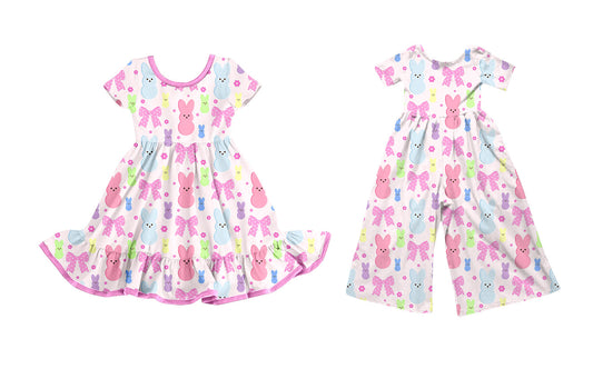 25.9.24 custom each style moq 8 eta 6-8week Sibling Sisters bunny bow baby girl long sleeve dress and jumpsuit match family design