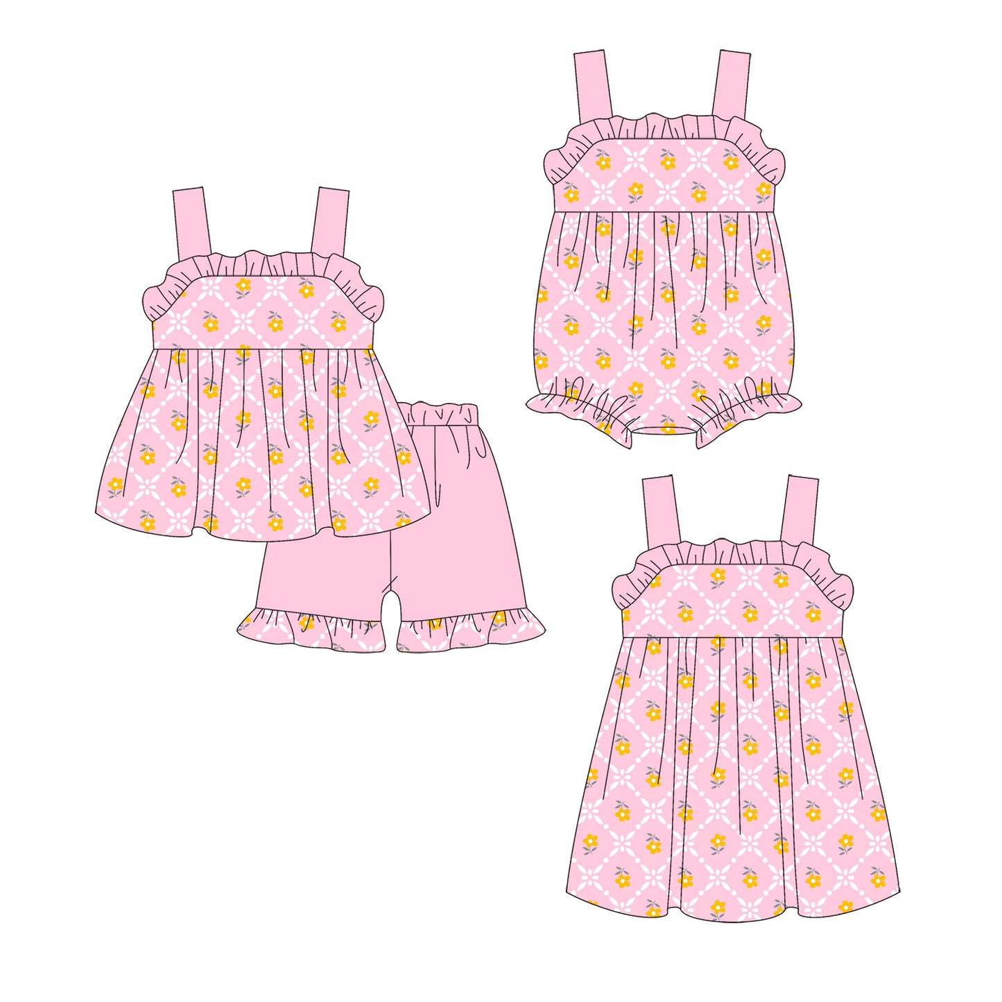 3.24  Custom moq 5 mix size Sibling Baby Girl's Pink Strap Top And Short Set Cute Romper Dress Summer Outfit