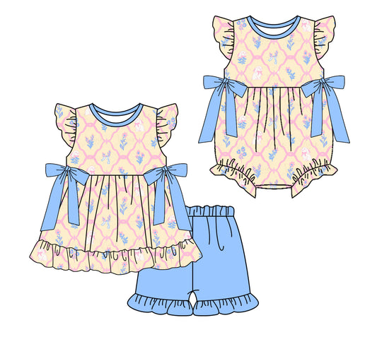 25.11.22 custom each style moq 5 eta 6-8 week Sibling Sister bow floral baby girl short sleeve shorts sets and rompers match family design