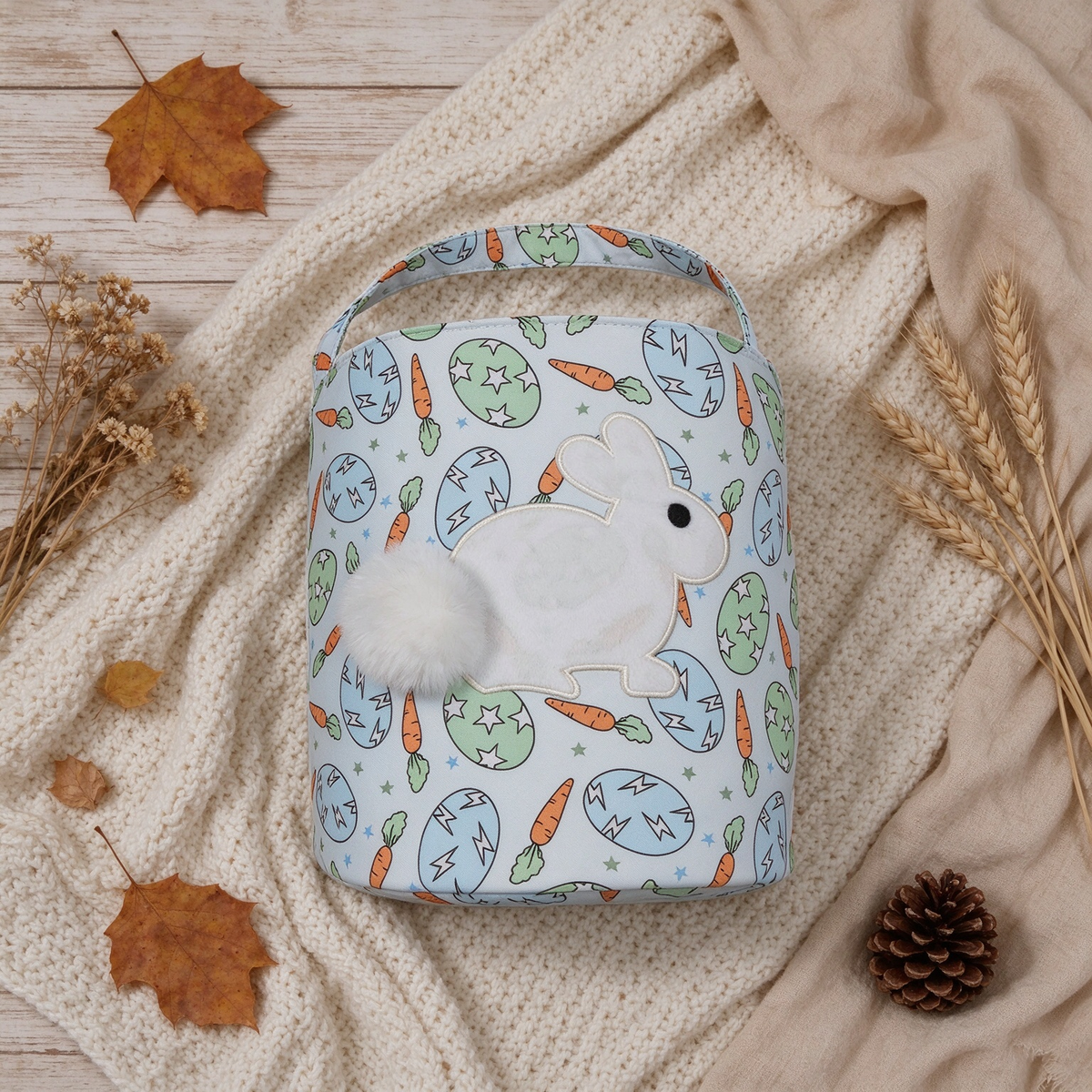NEW RTS NO MOQ Bag BA0468 Embroidery Rabbits Baby Kids Rabbits Carrots Eggs Easter Bucket Baskets Bags