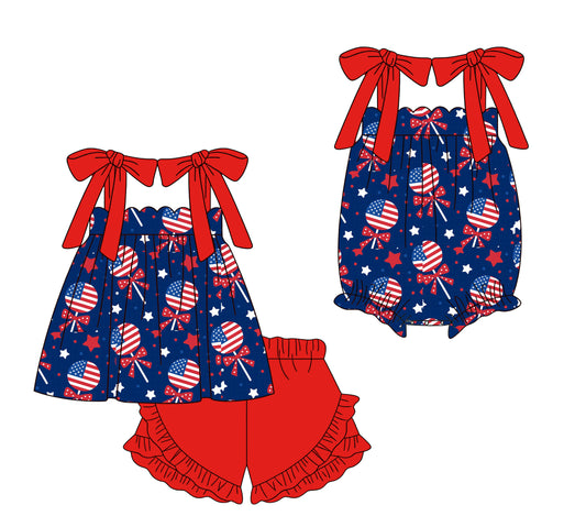 3.16 Custom moq 5 mix size Sibling Baby Girls 4th of July Sleeveless Top And Red Ruffle Shorts Set Matching Romper Outfit