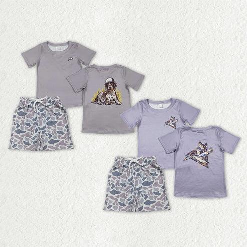 RTS NO MOQ Sibling Baby Boys Camouflage Dog And Duck Shirts with Pockets Short Set Cute Outfit