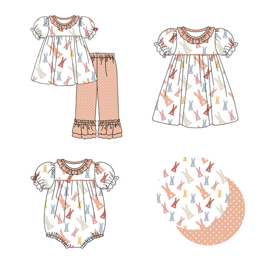 25.12.22 custom each style moq 5 eta 6-8week Sibling Sisters bunny baby girl short sleeve pants sets and dress and rompers match family design