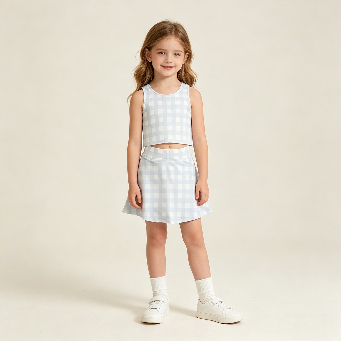 RTS NO MOQ GSD3839 Baby Girls Light Blue Checked Vest Short Skirt Yoga Active Clothes Set