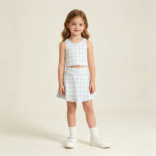 RTS NO MOQ GSD3839 Baby Girls Light Blue Checked Vest Short Skirt Yoga Active Clothes Set