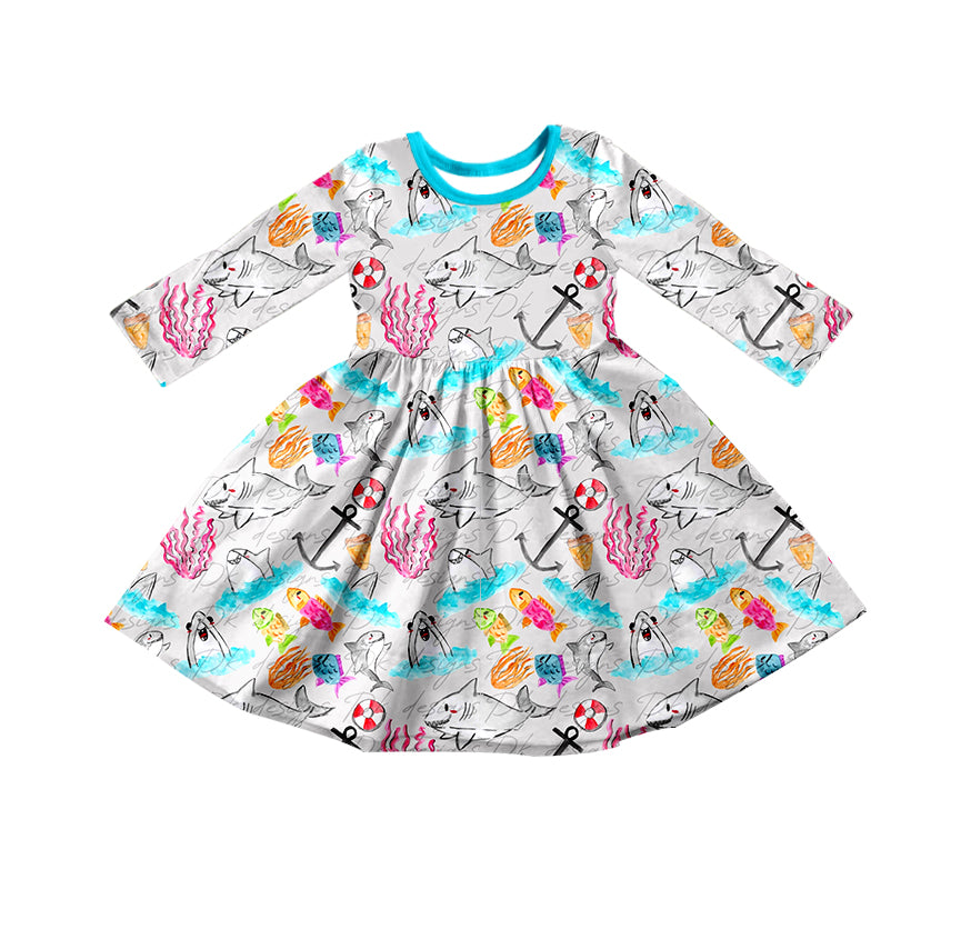 5.21custom each style moq 5eta 4-5week Sibling Sisterocean shark prints blue boys set and girls dress match family design