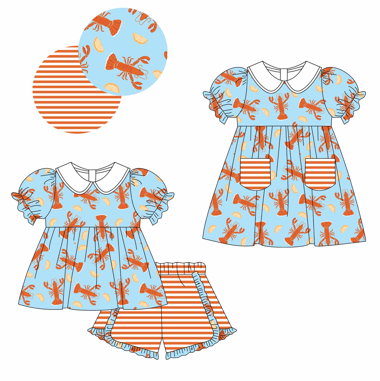12.3 custom each style moq 5eta 4-6week Sibling Sister lobster baby girl short sleeve shorts sets and dresses match design