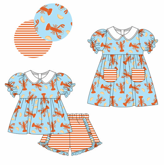 12.3 custom each style moq 5eta 4-6week Sibling Sister lobster baby girl short sleeve shorts sets and dresses match design