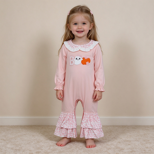 NEW RTS NO MOQ milk silk LR3223 Embroidery Baby Girl Halloween Boo Ghost Pumpkin Embroidery Ruffle Flare Long Sleeve Romper