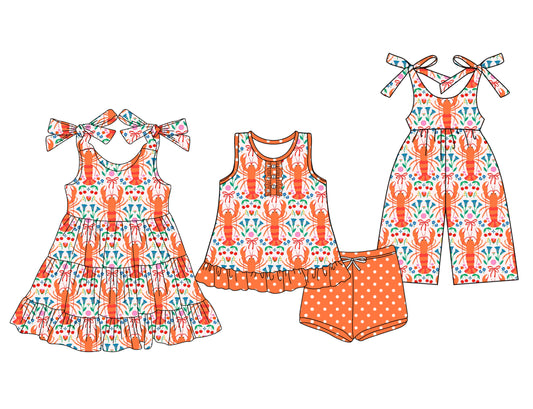 4.12 custom each style moq 5eta 4-6week Sibling Sister lobster bow baby girl short sleeve shorts sets and dresses and jumpsuit match design