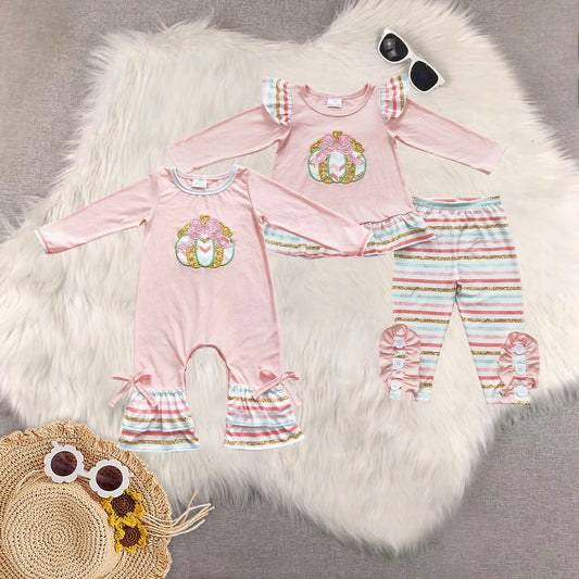 RTS NO MOQ Sibling baby girls clothes embroidery bow pumpkin long-sleeved trousers suit & romper