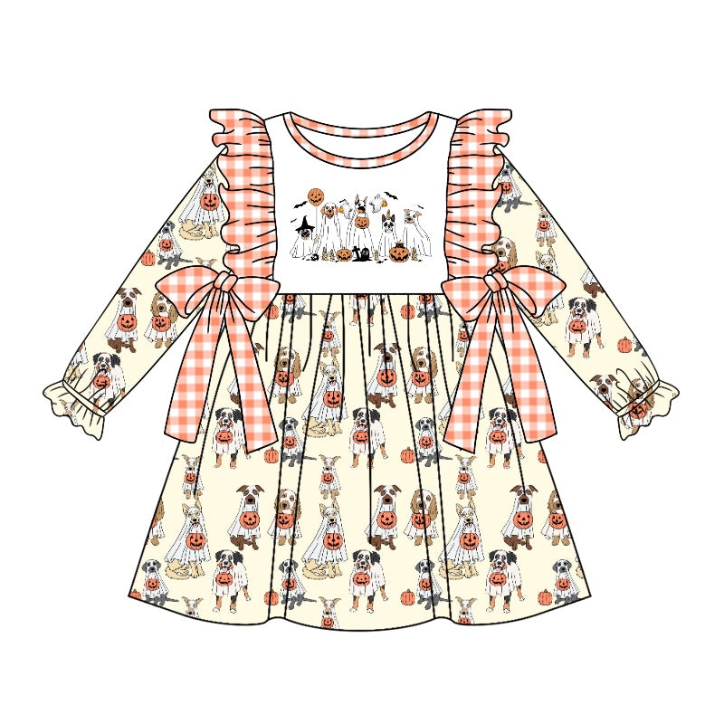5.9custom each style moq 5eta 4-5week Sibling Sister Halloween style print orange girls outfits and baby romper and dress match family design