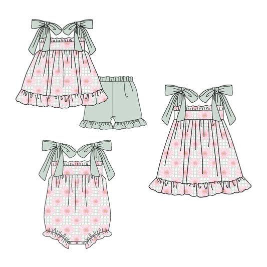 3.10 Custom moq 5 mix size Sibling Baby Girl's Floral Plaid Sleeveless Top And Short Set Cute Romper Dress for Summer