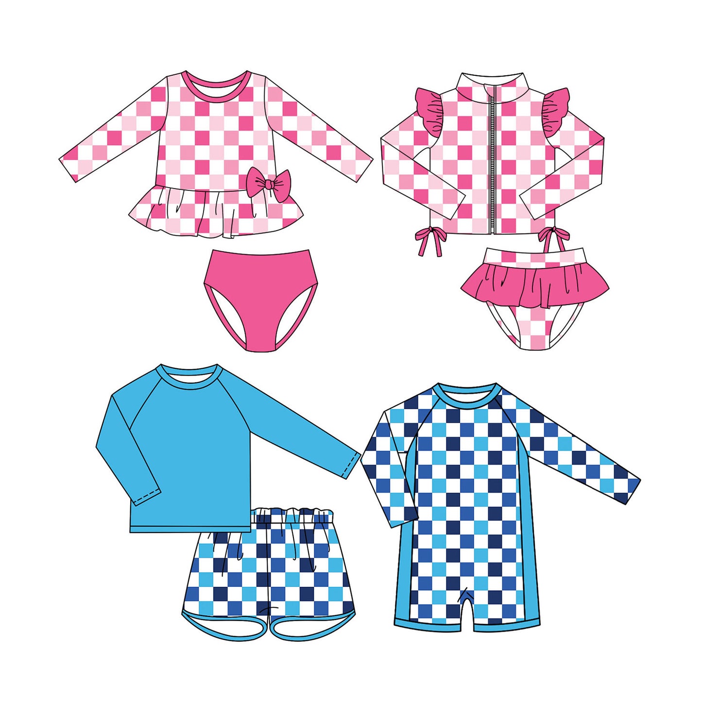 3.23 Custom moq 5 mix size Sibling Baby Boys And Girls Two-Piece Swimsuit Set Plaid Long-Sleeved Shorts Matching Baby Boy One Pieces Swimsuits