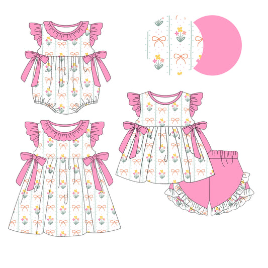 4.3 custom each style moq 5eta 4-6week Sibling Sisters bow floral baby girl short sleeve shorts sets and dress and rompers match family design