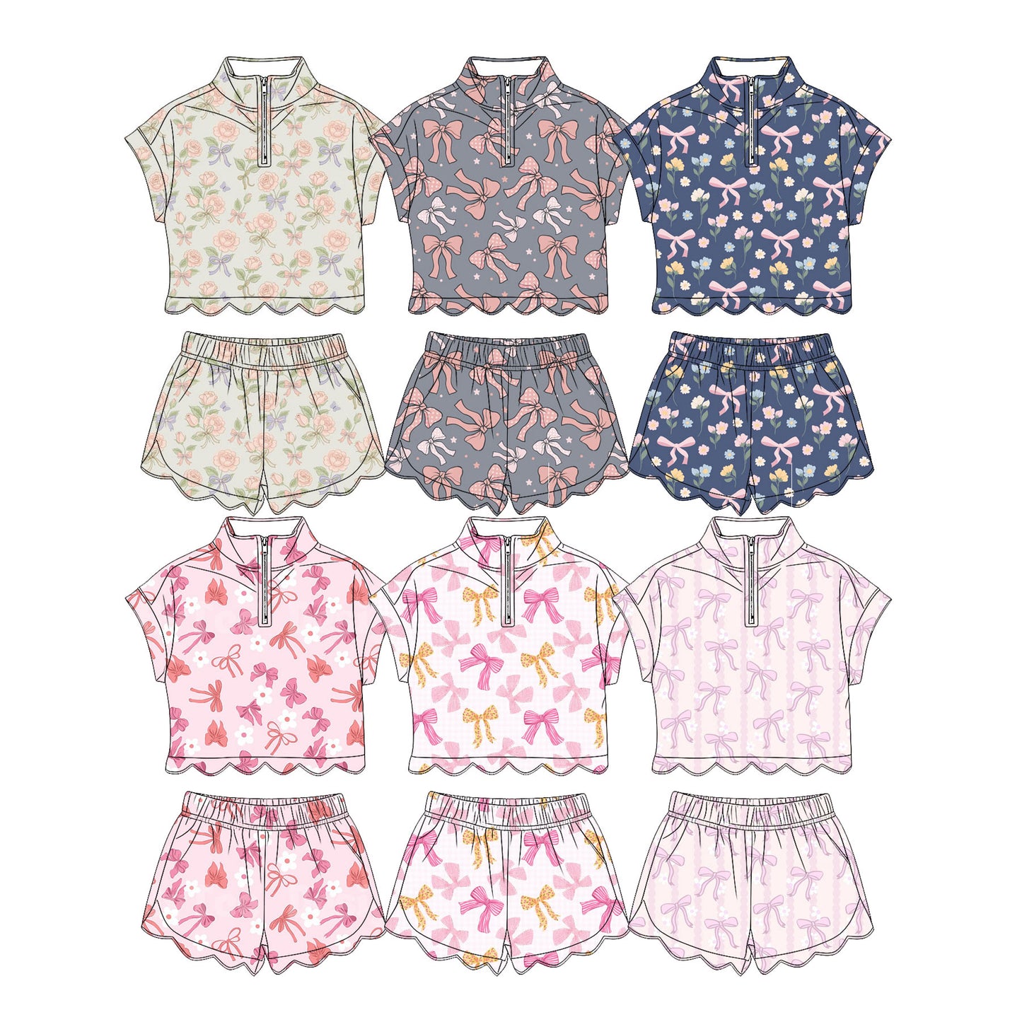 3.19 Custom moq 5 mix size Sibling Baby Girls Bows Zipper Top Short Scallop Summer Outfit