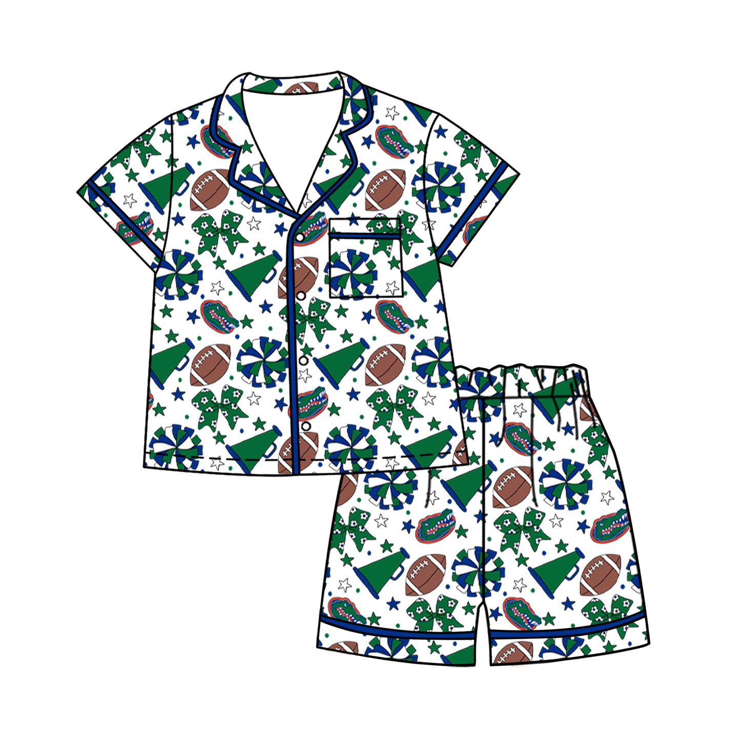 Custom moq 5 mix size milk silk summer teams Baby Girls Green Bows Button Pocket Top Short Pajamas Sets Cute Infant Sleepwear