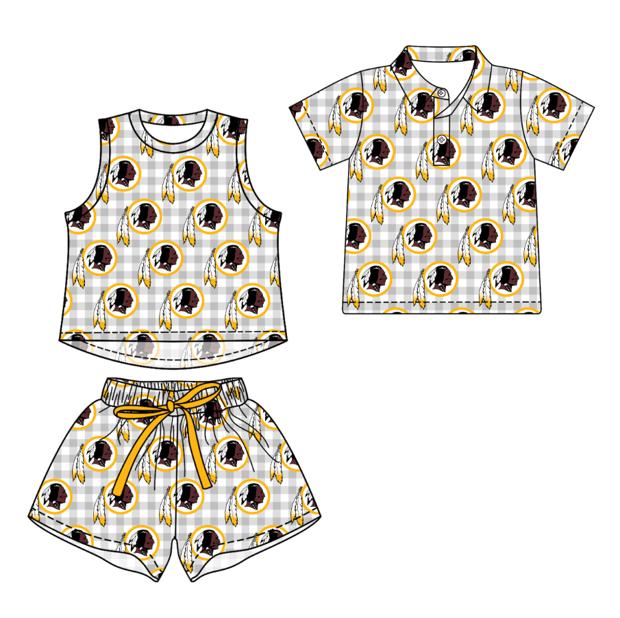 Custom moq 5 mix size milk silk summer teams Girls Grey Checked Top And Drawstring Short Sets Boys Checked Short Sleeve Button Polo Shirt Top