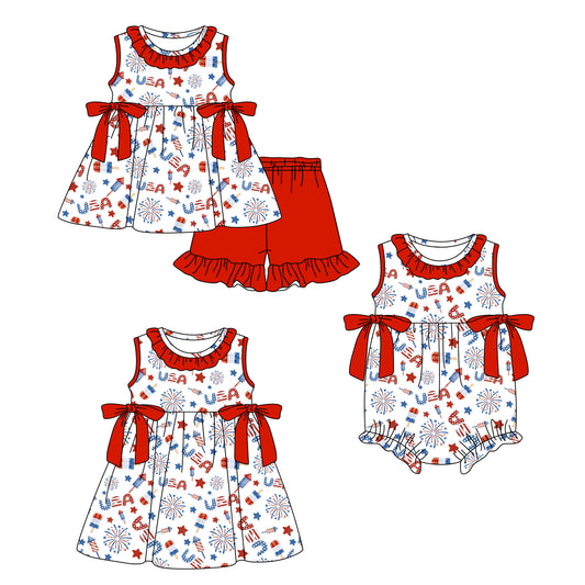 Custom moq 5 mix size Sibling Baby Girl's 4th of July red Short-Sleeved Top And Shorts Set Cute Romper Dress for Spring Summer
