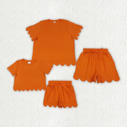 RTS NO MOQ Sibling Mom And Me Orange Short Sleeve Top With Pockets Scallop Shorts Sets