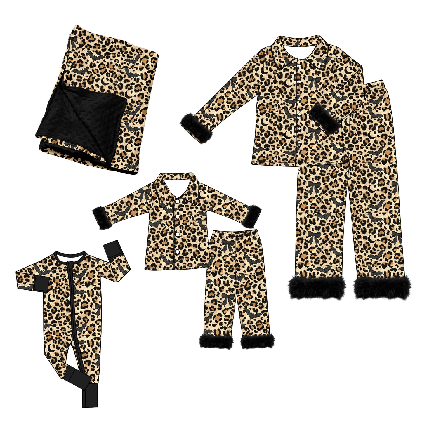 (Preorder new) No moq Kids Leopard Bats Halloween Print Long Sleeve Top Pant Halloween Pajama Set Rompers Blankets Adult Pajama Set
