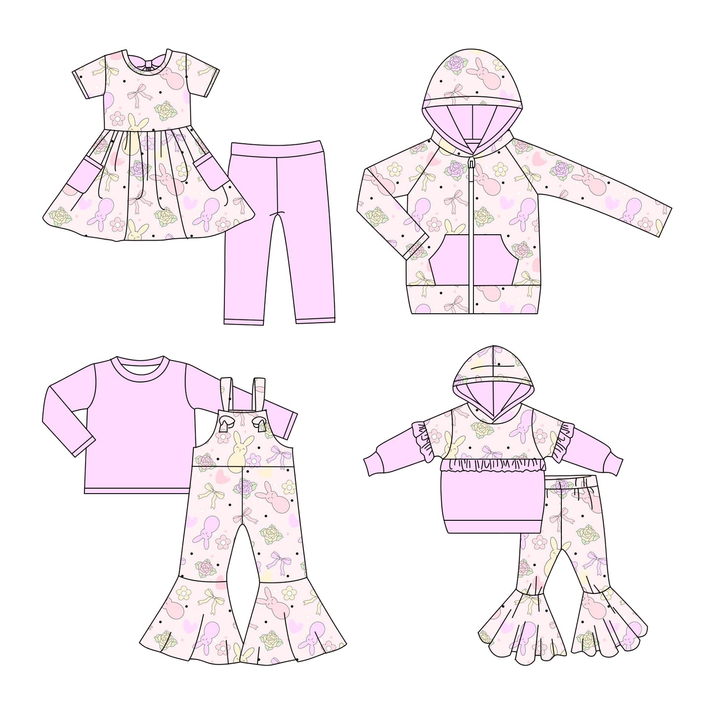 25.11.7 custom each style moq 5 eta 6-8week Sibling Sisters bunny floral bow baby girl hooded long sleeve pants sets and top and and short pants sets and jumpsuit set match family design