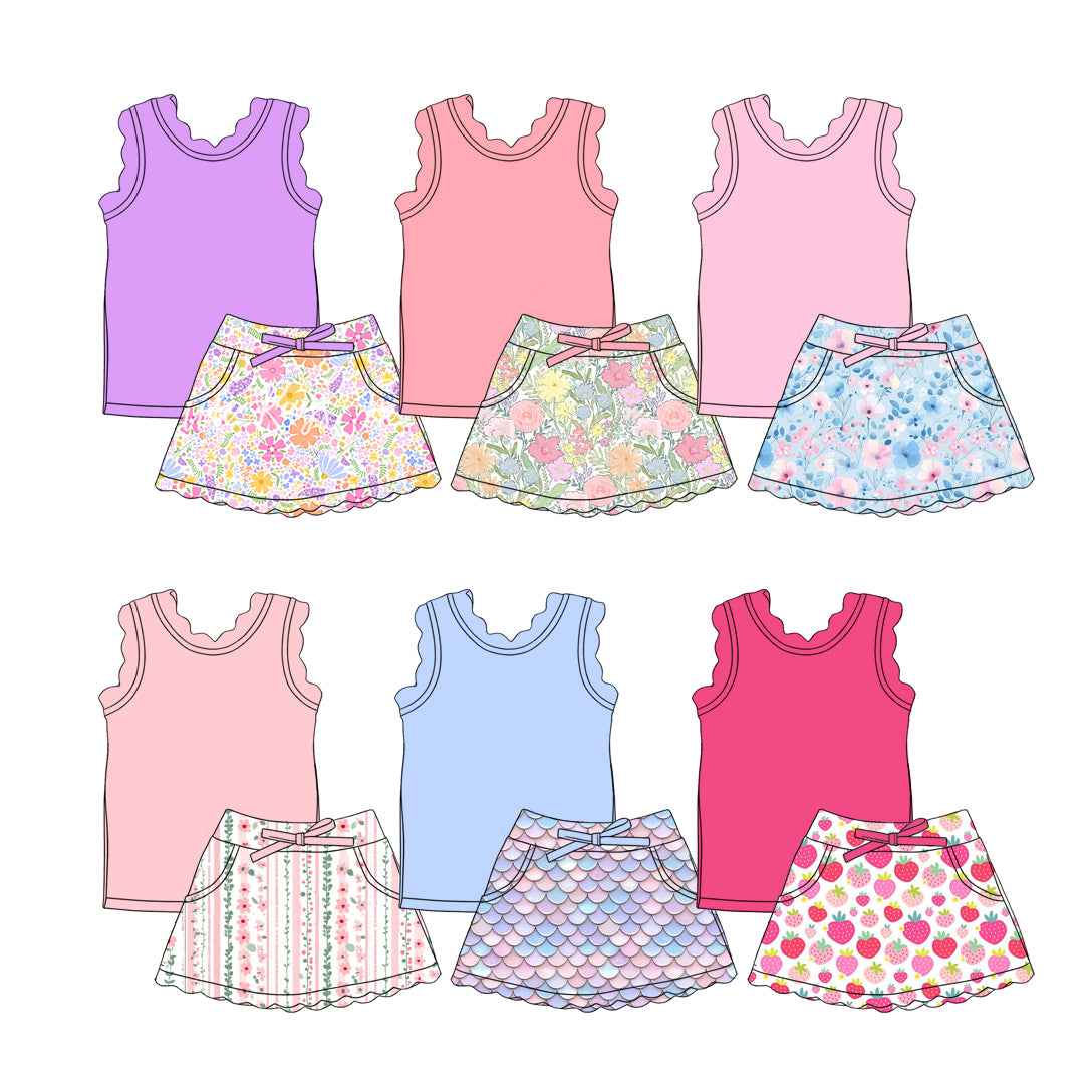 Custom moq 5 mix size Sibling Baby Girls Solid Color Sleeveless Top And Printed Skirt Set Cute Outfit for Little Ones