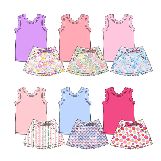 Custom moq 5 mix size Sibling Baby Girls Solid Color Sleeveless Top And Printed Skirt Set Cute Outfit for Little Ones