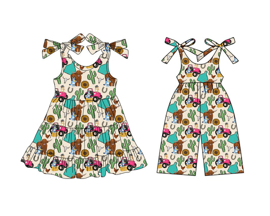 3.26 custom each style moq 5eta 4-6week Sibling Sister catcus baby girl short sleeve dresses and jumpsuit match design