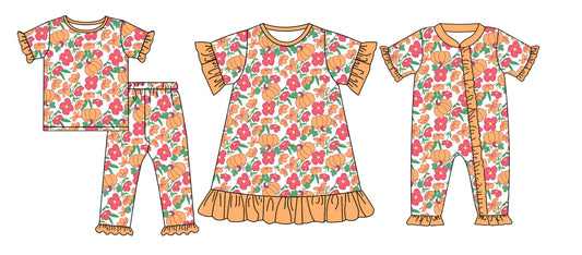 4.25 custom each style moq 5eta 4-6week Sibling Sisters pumpkin floral baby girl short sleeve pants sets and dress and rompers match family design