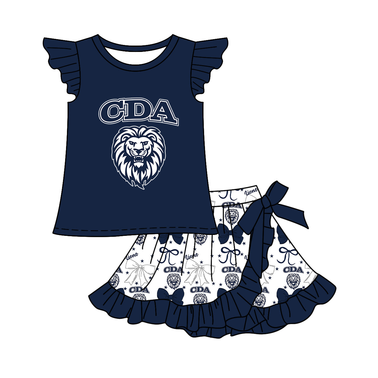 Custom moq 5 mix size milk silk baby girls clothes team bow navy blue sleeveless skirts sets 1 and set 2 and dress-25.7.18
