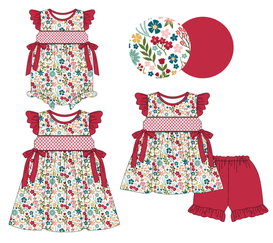 3.8 custom each style moq 5eta 4-6week Sibling Sisters floral baby girl short sleeve shorts sets and dress and rompers match family design