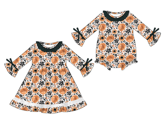 25.5.14 custom each style moq 5eta 4-6week Sibling Sisters pumpkin floral bow baby girl long sleeve dress and rompers match family design