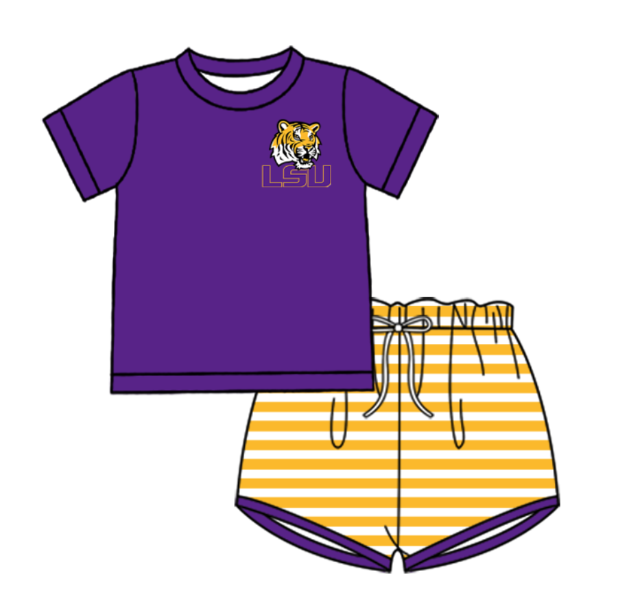 Custom moq 5 mix size milk silk summer teams baby girl boys clothes purple short sleeve shorts sets and swimsuit and rompers series