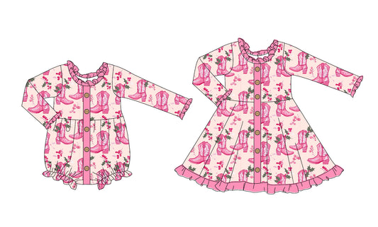 25.5.25 custom each style moq 5eta 4-6week Sibling Sisters boots floral baby girl long sleeve dress and rompers match family design