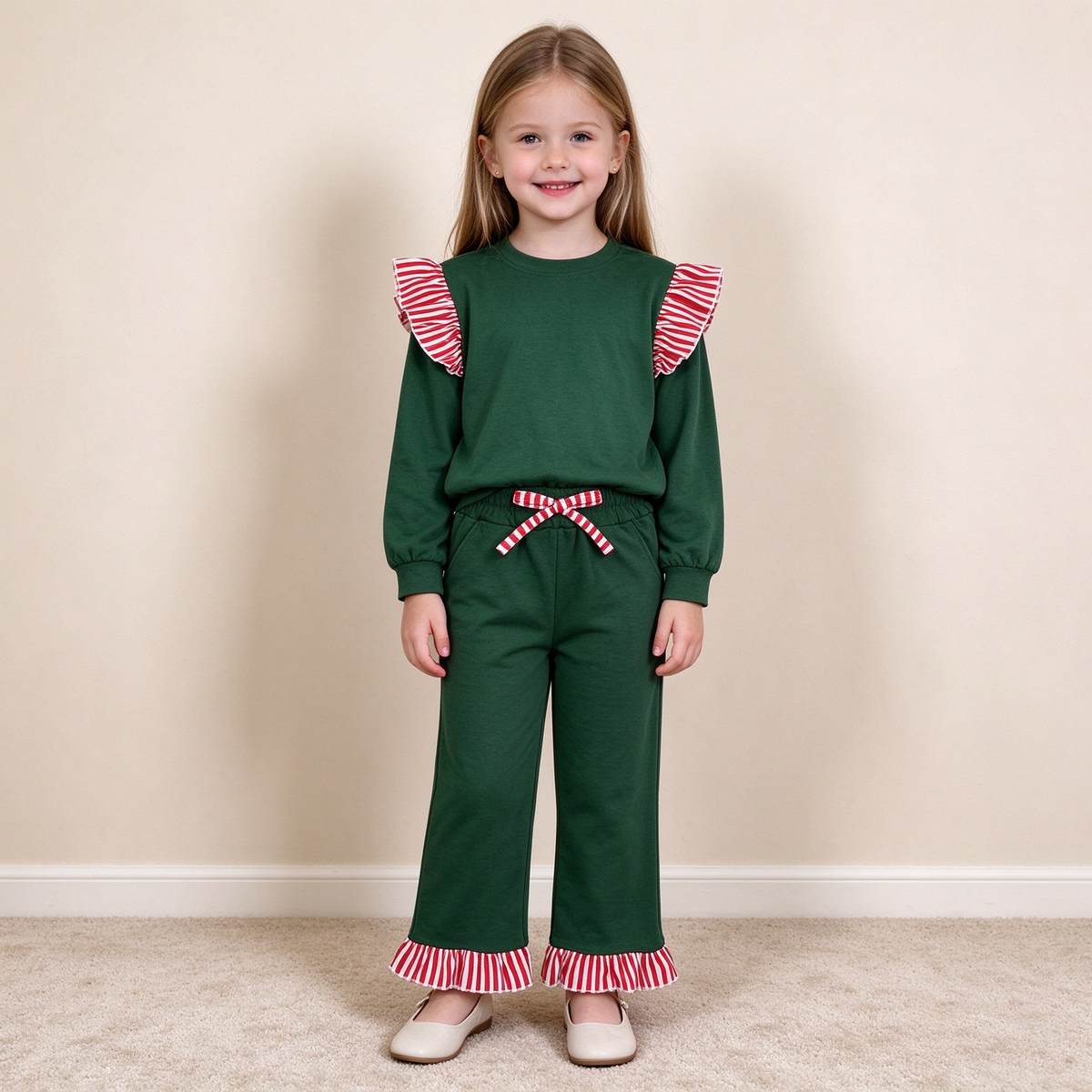NEW RTS NO MOQ milk silk GLP3703（GT1850+P1158）Baby Girls Long Sleeve Green Top Pockets Ruffle Pant Set