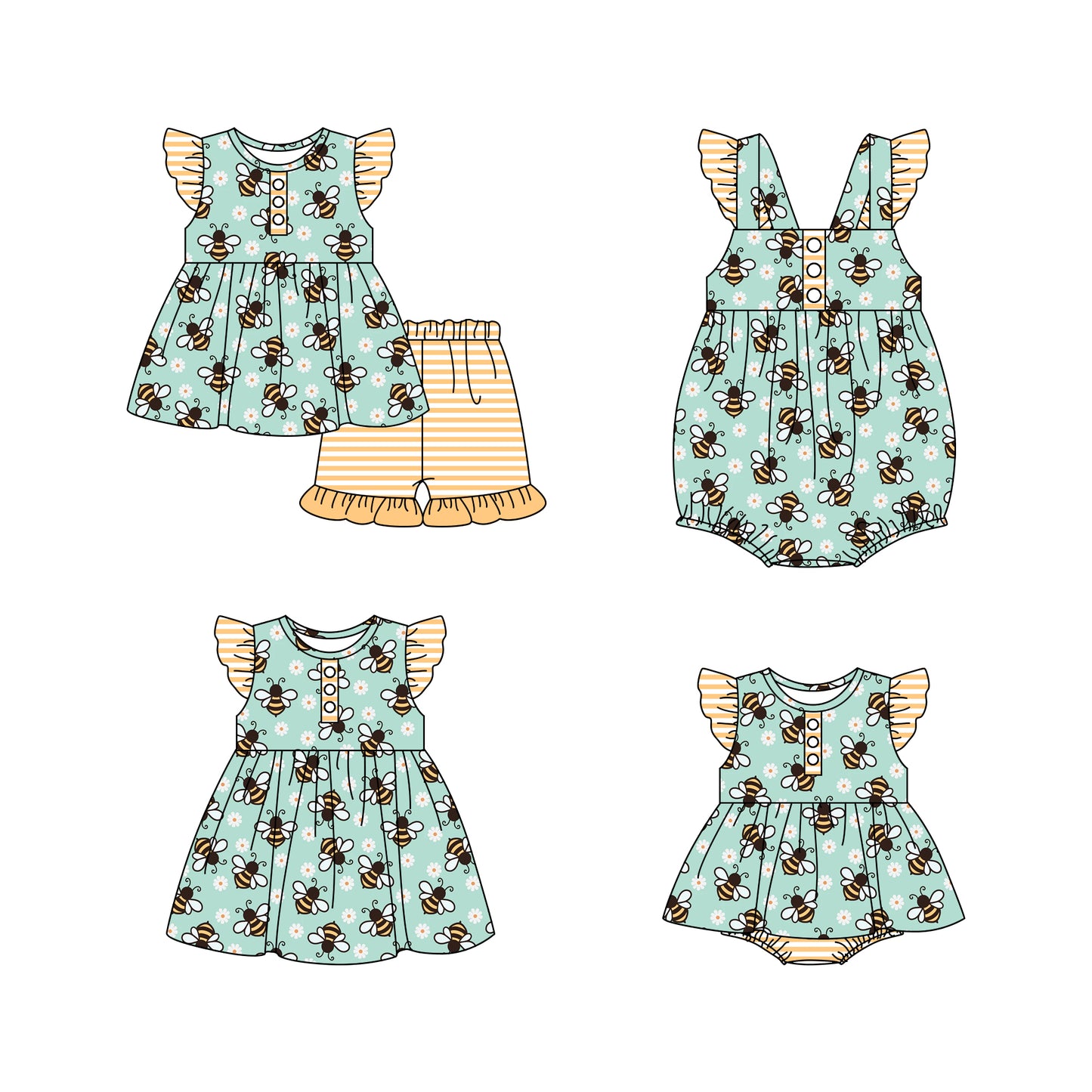 11.16 custom each style moq 5eta 4-6week Sibling Sister bee baby girl short sleeve shorts sets and girls romper and boy romper and dress match design