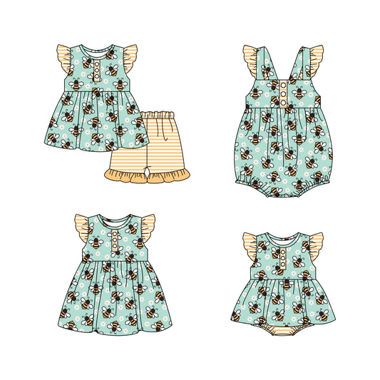 11.16 custom each style moq 5eta 4-6week Sibling Sister bee baby girl short sleeve shorts sets and girls romper and boy romper and dress match design