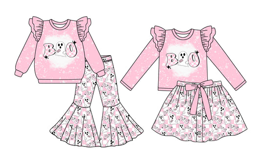 25.6.4 custom each style moq 5eta 4-6week Sibling Sisters BOO pink baby girl long sleeve pants sets and dress match family design