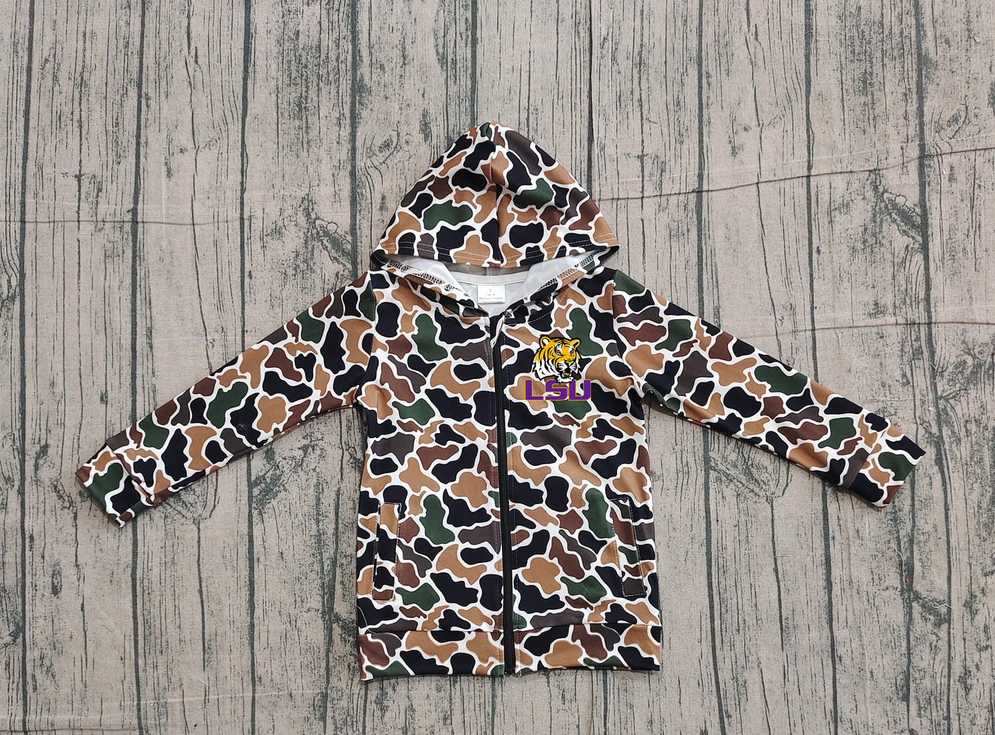 Custom moq 5 mix size milk silk baby boys clothes team summer camouflage zipper hooded long sleeve top-25.11.22