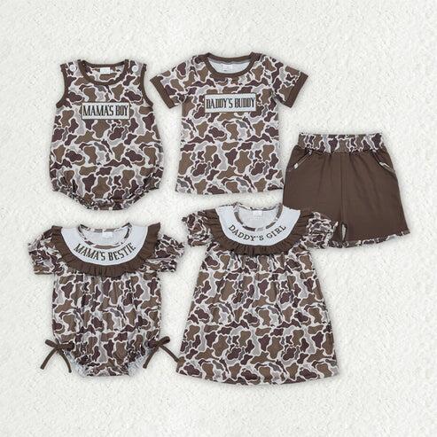 RTS NO MOQ Sibling Embroidery Mama's Boy Girl Brown Camouflage Shorts Outfit Set Dress Rompers for Children Baby Clothing Set